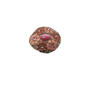 Domed Flower Pin Brooch Coral Brown and Pink Enamel with Rhinestones